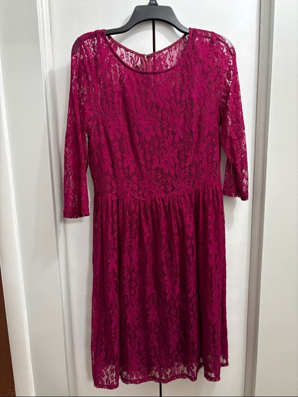AB Studio Lace Midi Dress in Deep Fuchsia with 3/4 sleeves